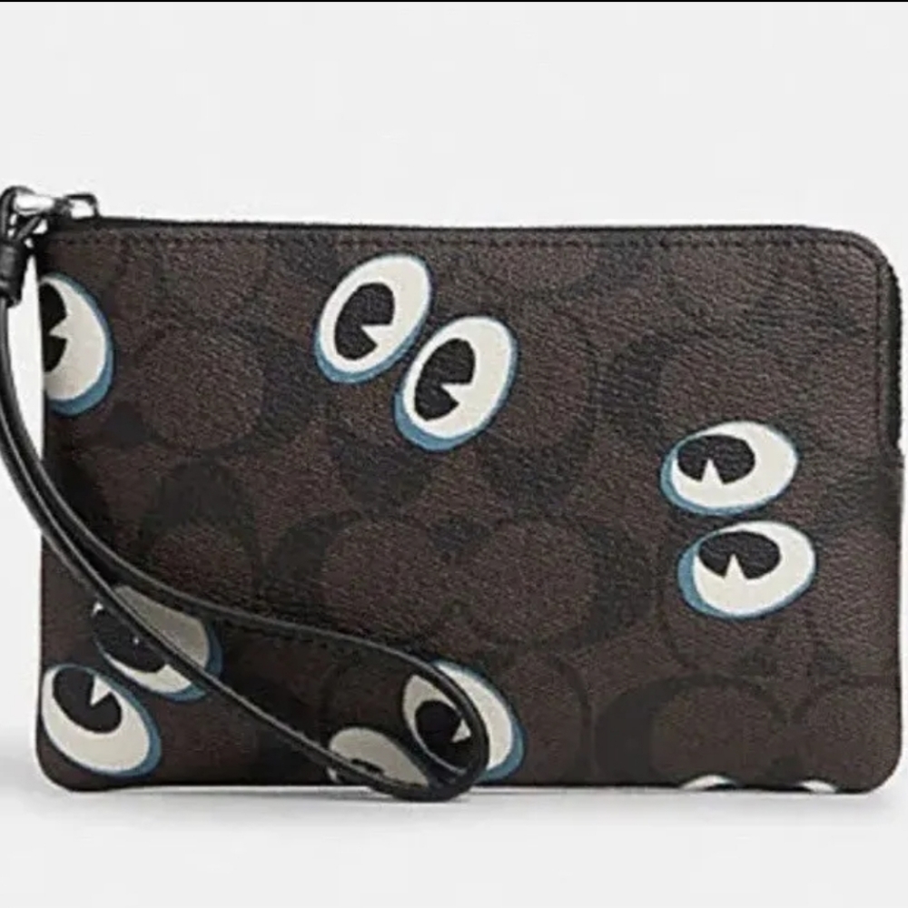 Brand New COACH Corner Zip Wristlet Signature Canvas Logo X Spooky Eyes